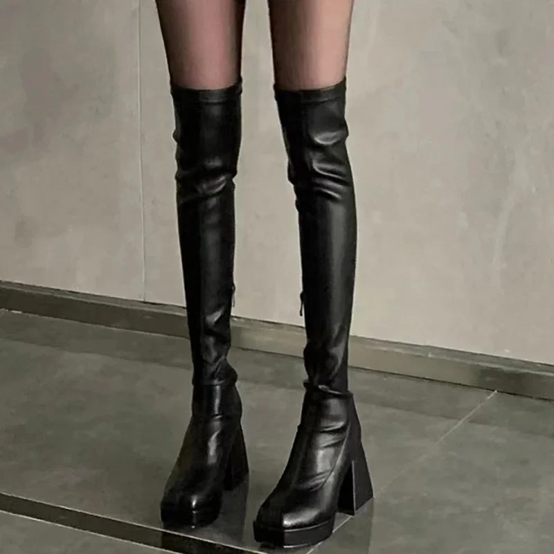 Black Long Boots For Women Fashion Zippers Square High Heel Over the Knee High Boots Winter Shoes Ladies Elegant Mordern Booties