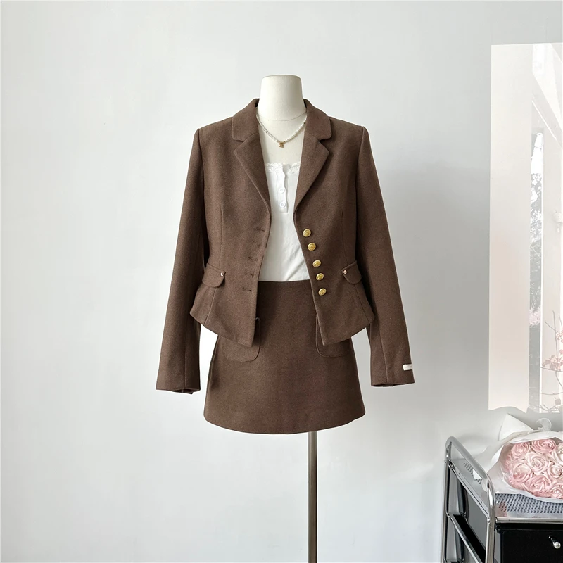 

Elite Private School Belle Autumn Maillard Vintage College Style Waist-Cinched Blazer and Skirt Set for Women Female Office Lady