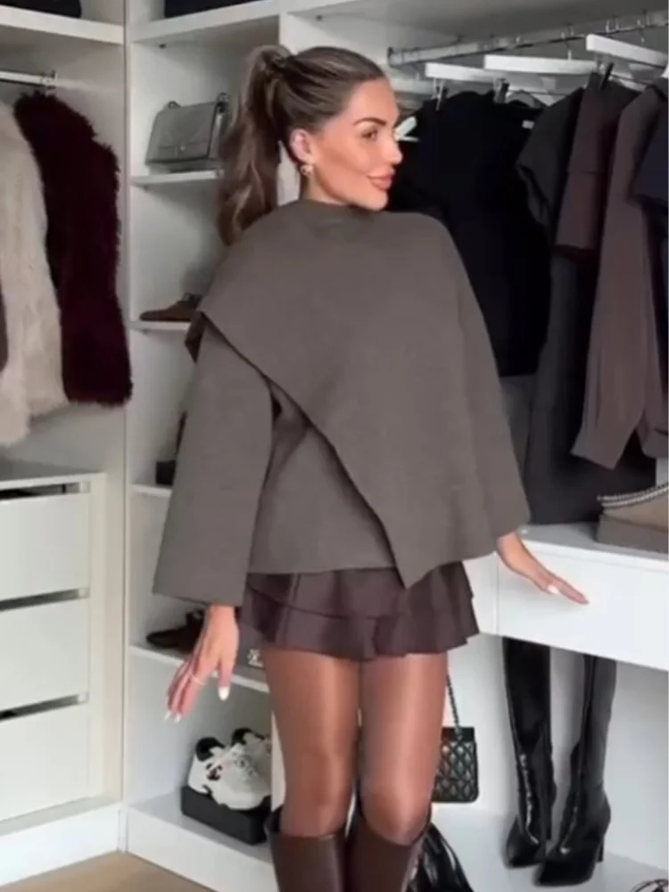 

HH женский свободный вязаный кардиган с длинными рукавами, куртка с шарфом и воротником, осенняя женская теплая уличная короткая куртка с v-образным вырезом и скрытой пряжкой