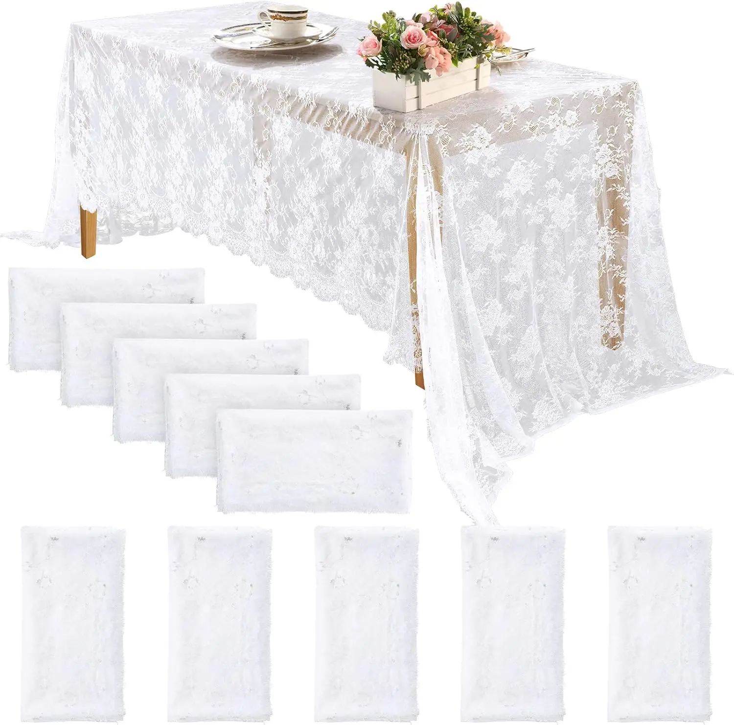 1/2/5 Pcs White Lace Tablecloths Rectangular 60 x 120'' Wedding Reception Table Decoration Overlay Rose Embroidered Table Cover
