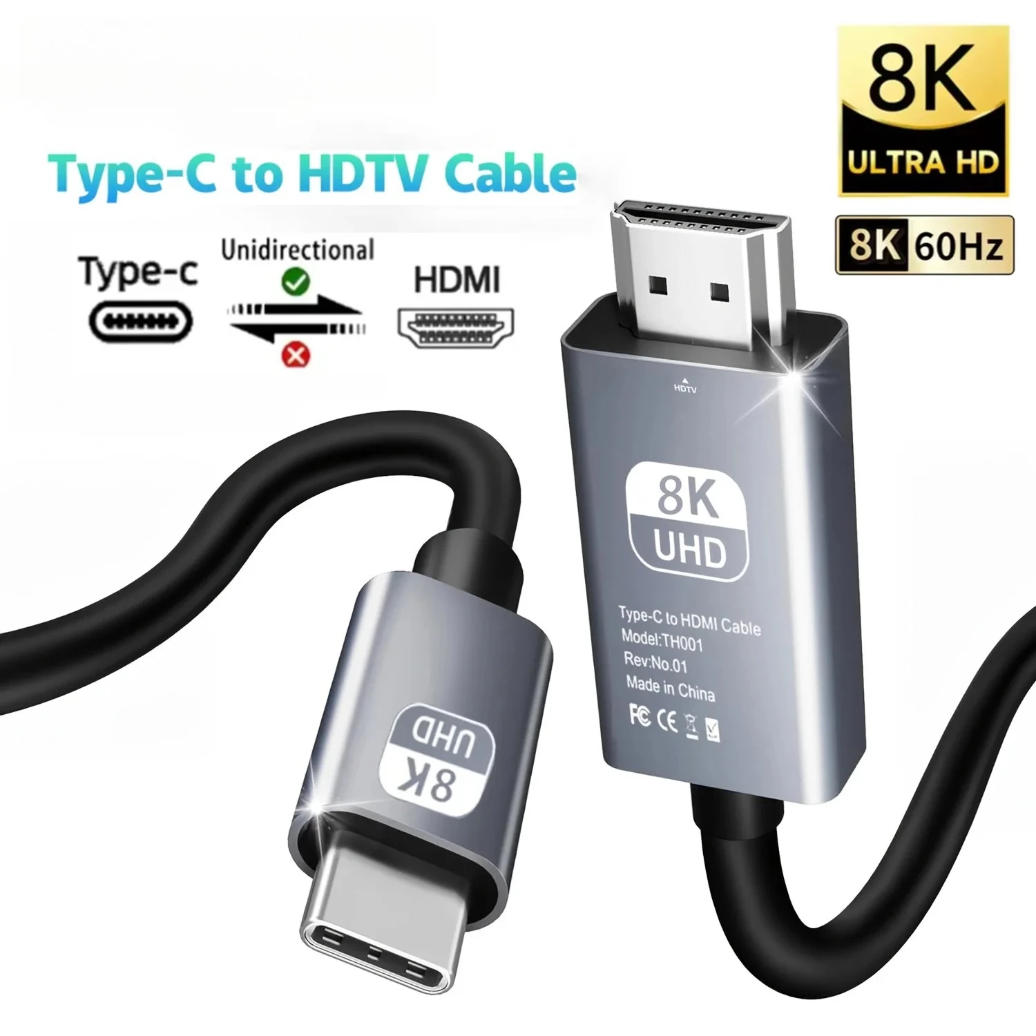 USB C to HDMI Cable 8K 4K 60Hz/144Hz Type C Adapter HDTV Converter Cable For Phone Computer PC TV Laptop External Monitor