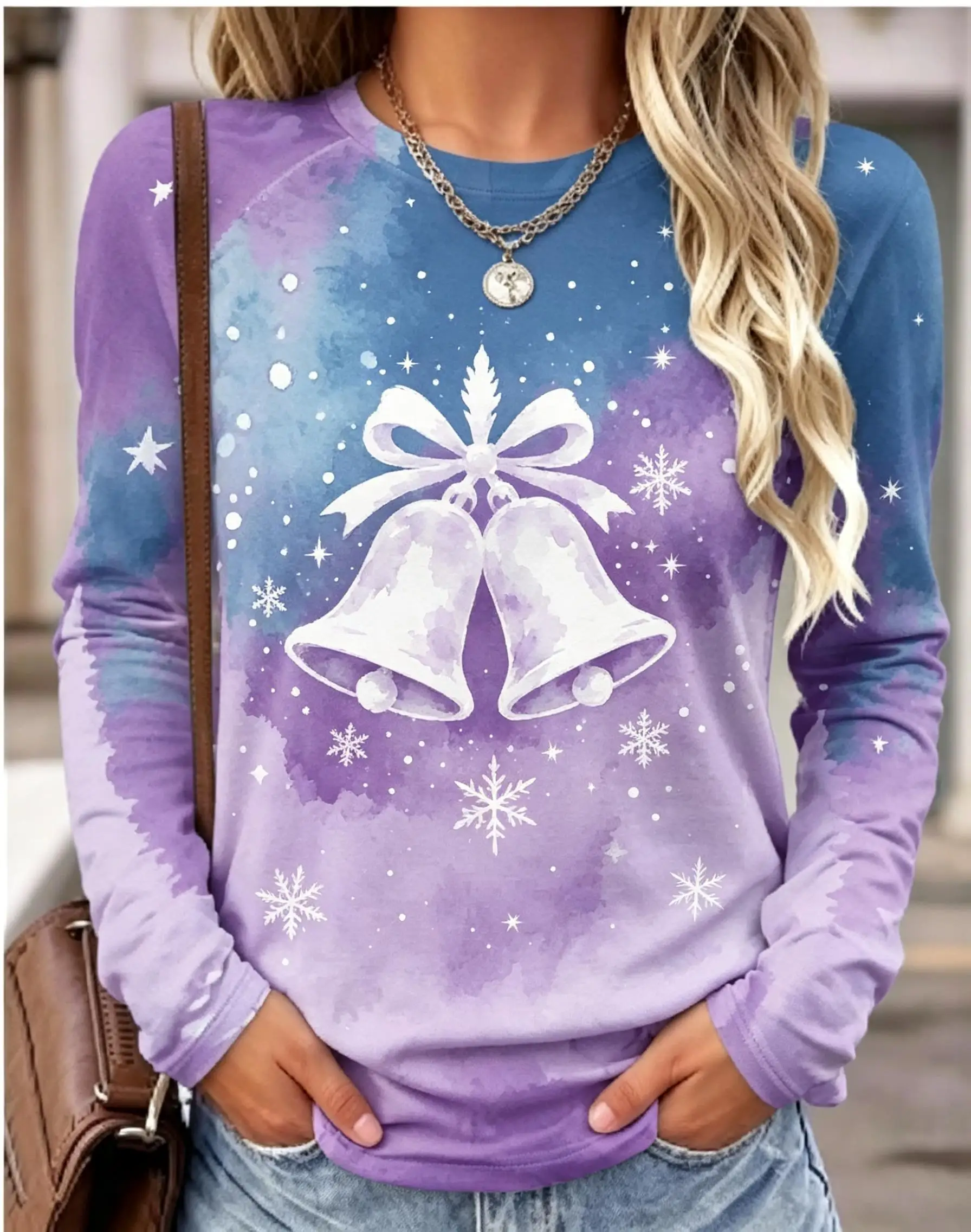 Women Long Sleeve T Shirt Christmas Bell Snowflake Print Autumn Fashion Casual Holiday Party Top Women's Clothes
