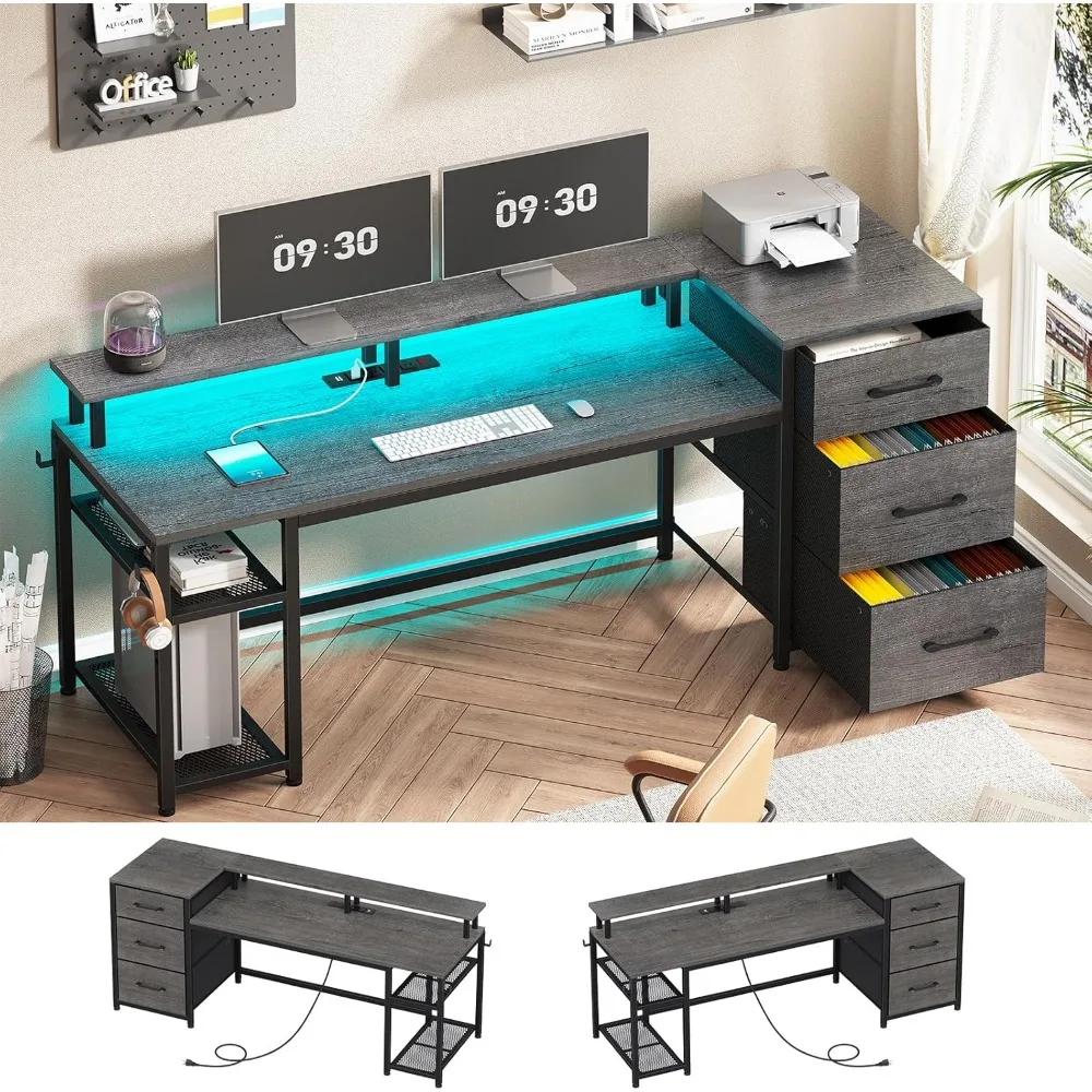 Meja komputer, meja komputer bolak-balik dengan laci File, dengan lampu LED & Outlet daya, meja kantor rumah untuk Printer, abu-abu