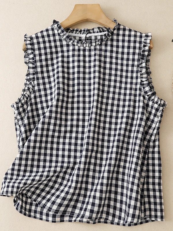 Retro Plaid Women's Shirt Summer Thin Breathable Gored Skirt round Neck Sleeveless Small Top Loose Fit Floral Lace Trim