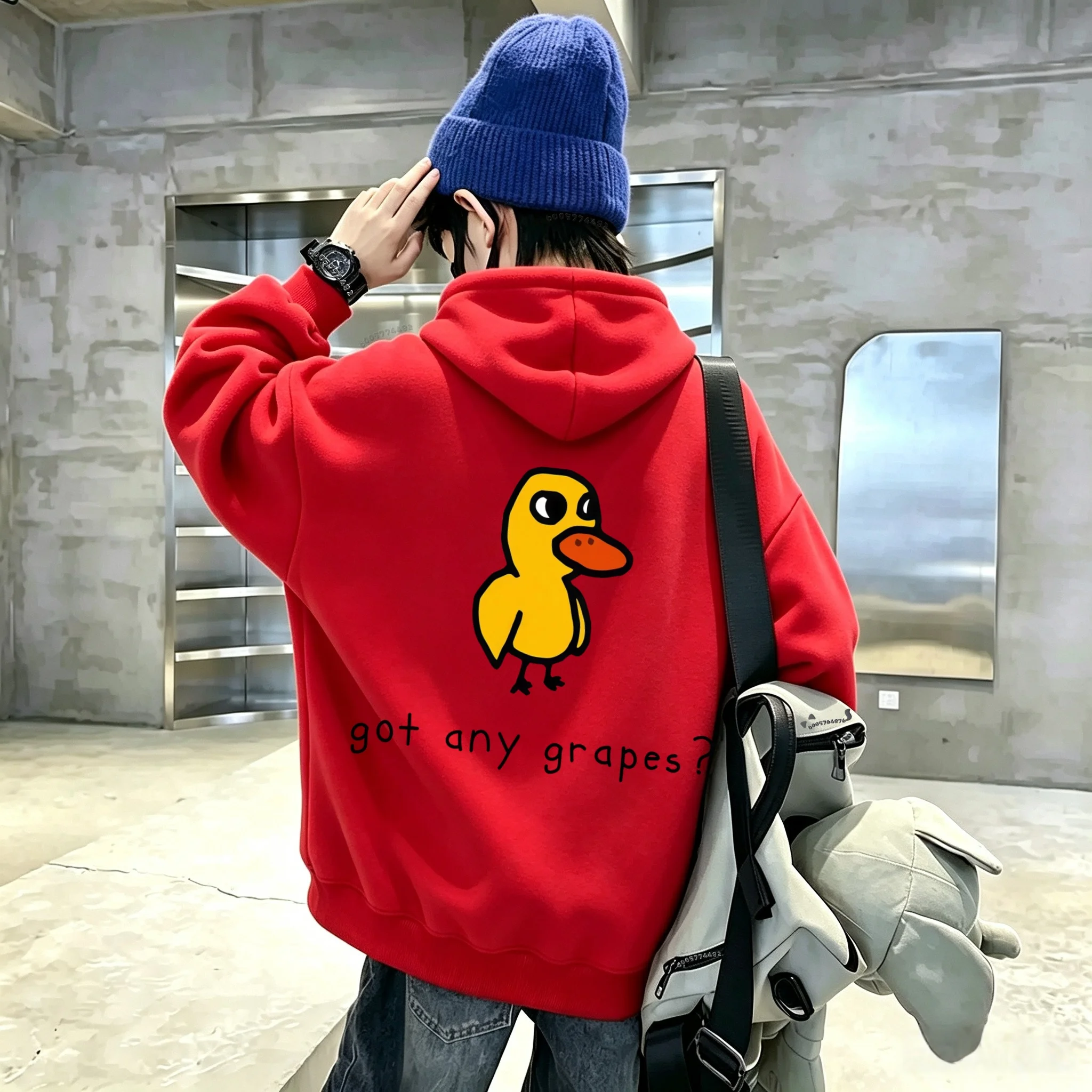 American-style fun cartoon yellow duck printed children's hooded sweatshirt, oversized, casual and trendy long-sleeved t-shirt