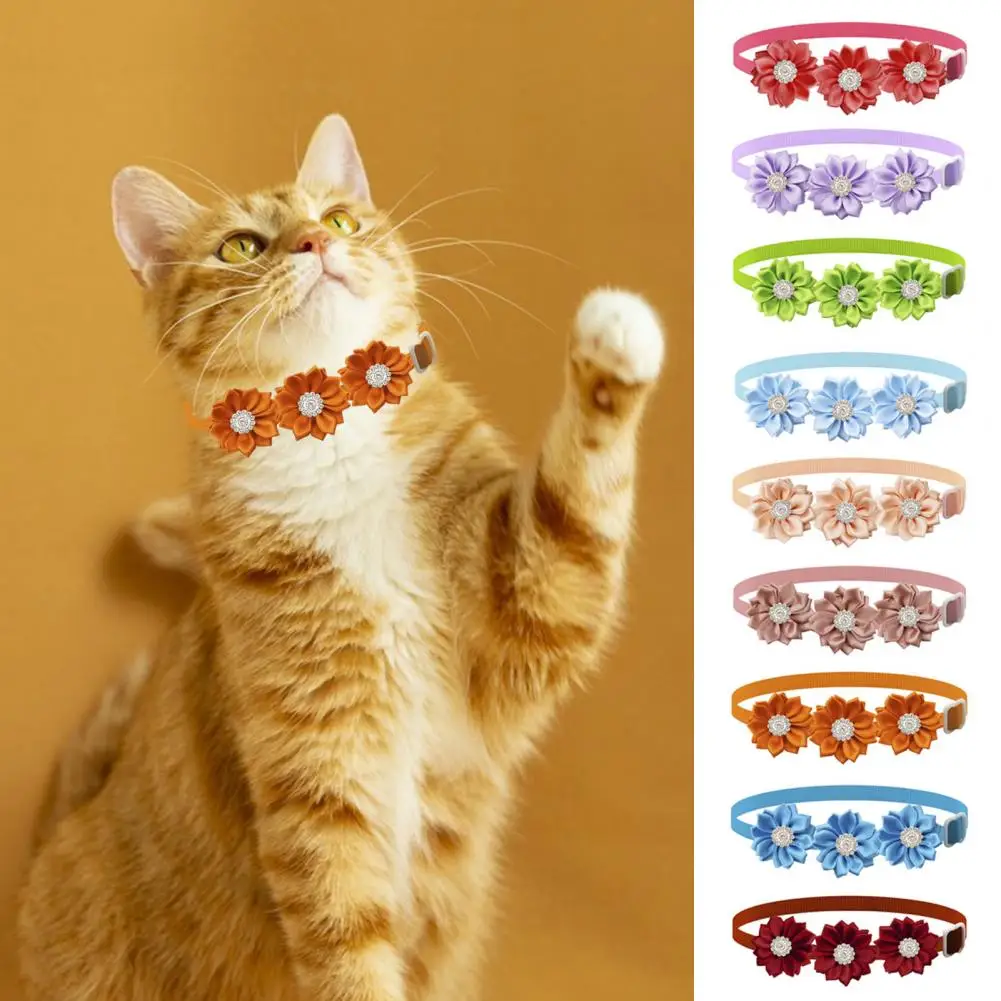 28-42cm Circumference Pet Collar Adjustable Pet Neck Strap Flower Rhinestones Decor Cat Dog Collar Bow Tie Necklace Pet Supplies