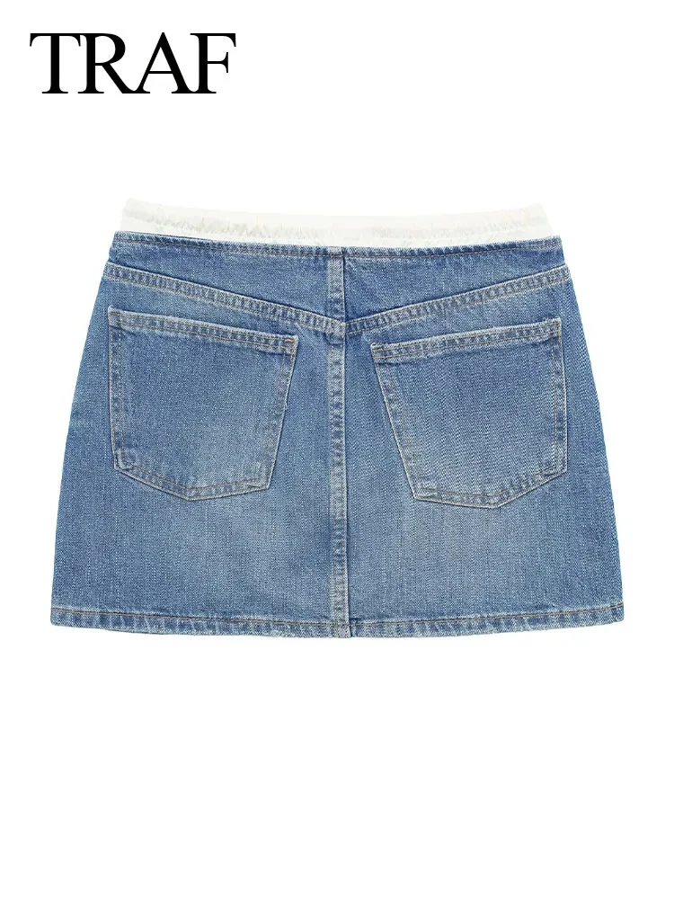 TRAF 2024 Woman Vintage Denim Patchwork Mini Skirt Female Fashion Splicing Short Skirts For Women Streetwear Summer Skirt