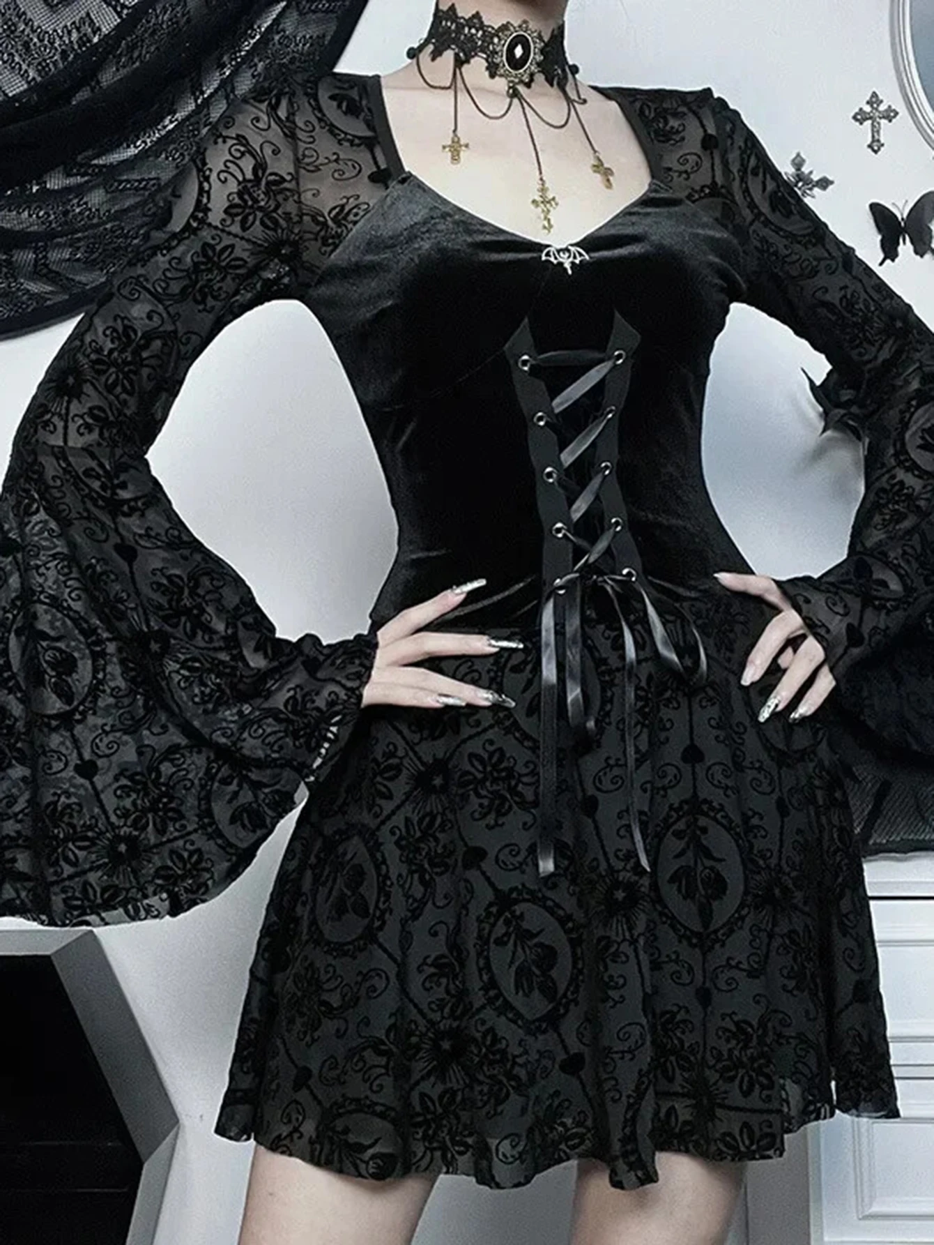 Vestido feminino de manga comprida com cadarço e decote em V primavera verão K-Fashion Hotsweet cintura cortada estilo retrô vintage para mulheres