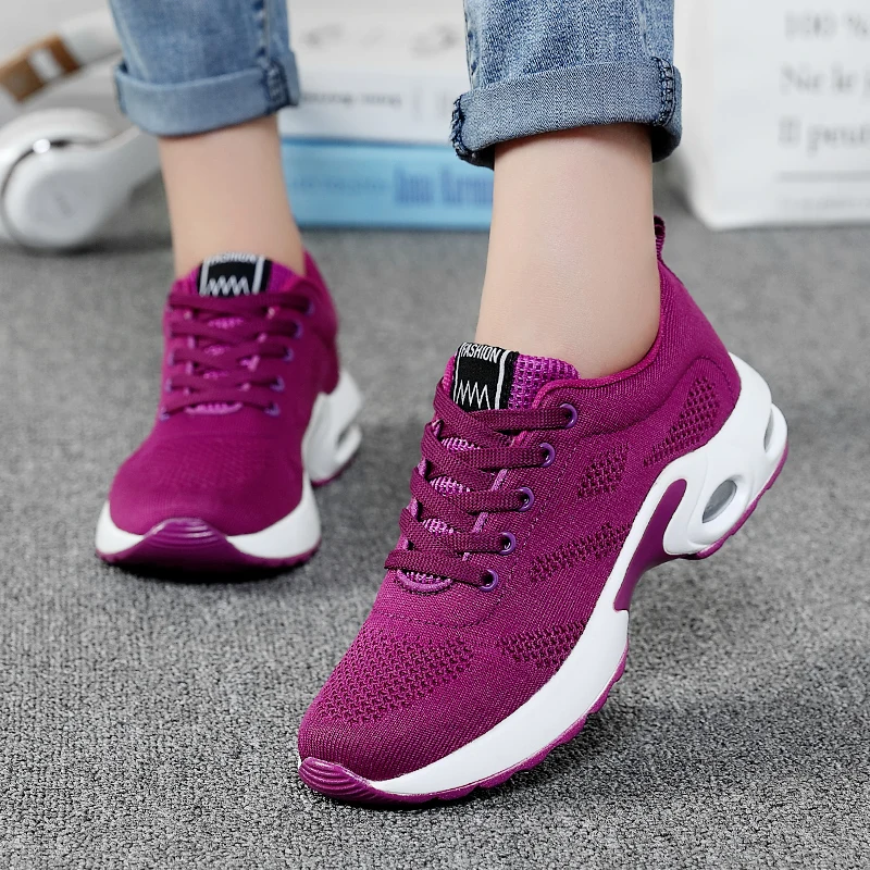 Women Fashion Air Cushion Sport Running Flat Soft Bottom Hollow Sneaker Youth Girl Mesh Breathable Casual Platform Walking Shoes