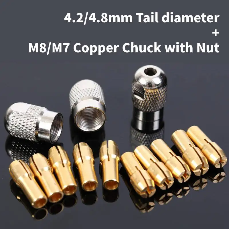 11Pcs Brass Collet Set Tail diameter: 4.2/4.8mm+M8/M7 Copper Chuck with Nut Mini Electric Grinder Rotary Drill Lock Accessories