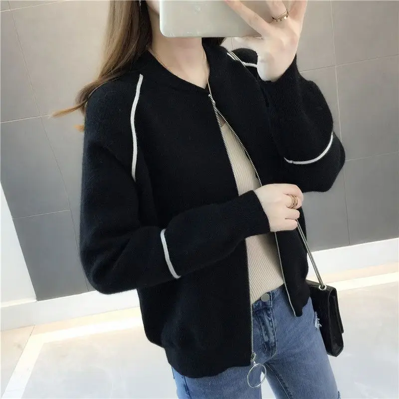 Sweaters Casual Fashion Loose Solid Color Cardigan Zipper Patchwork Long Sleeve Vintage O-neck Winter Knitting Women\'s Clothing