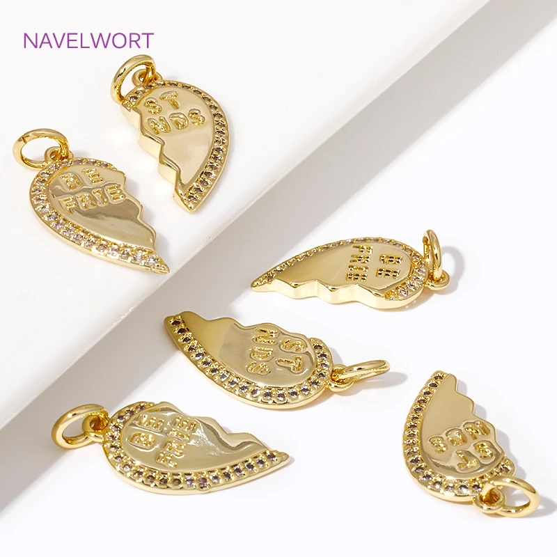 18mm*9mm 14K Gold Plated Engraved Best Friends Charms Brass Inlaid Zircon Heart-Shaped Pendants For Jewelry Making Accessories