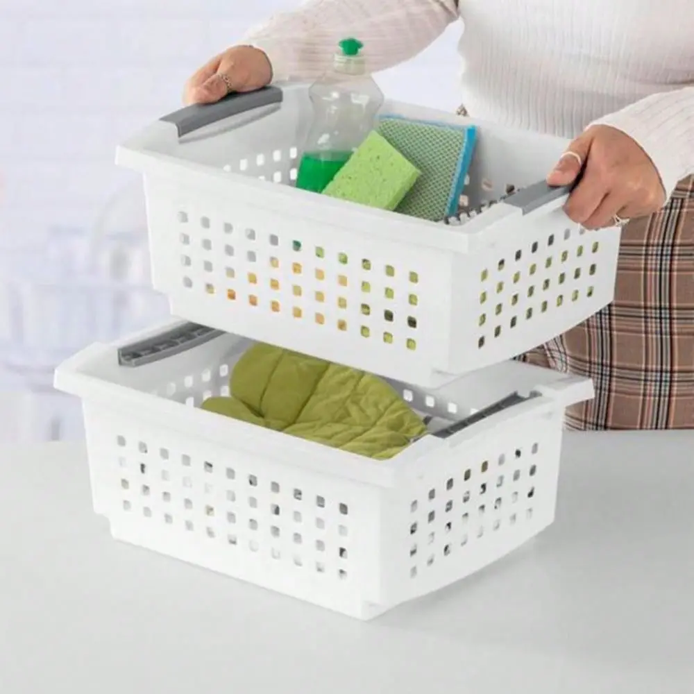 

10Pack Medium Stacking Basket, Open Top Plastic Storage Organizer, White Stackable Crate Containers For Countertop, Cabinet, Pa