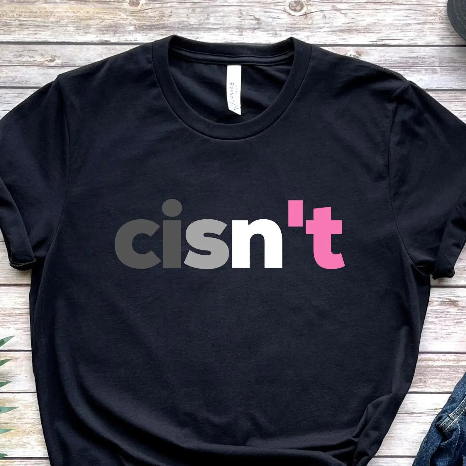 May include Black t shirt with the text cisn't in grey white and pink lettering vintage Washed Casual Stretched