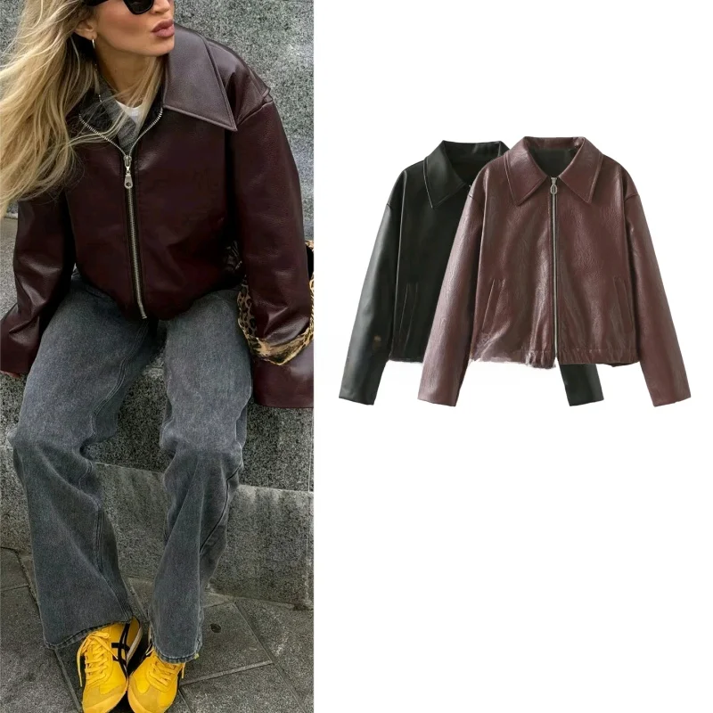 

Fall New Women's American Retro Zipper Collar Long Sve PU Leather Loose ort Jaet Coat Sli Commute Regular Fit