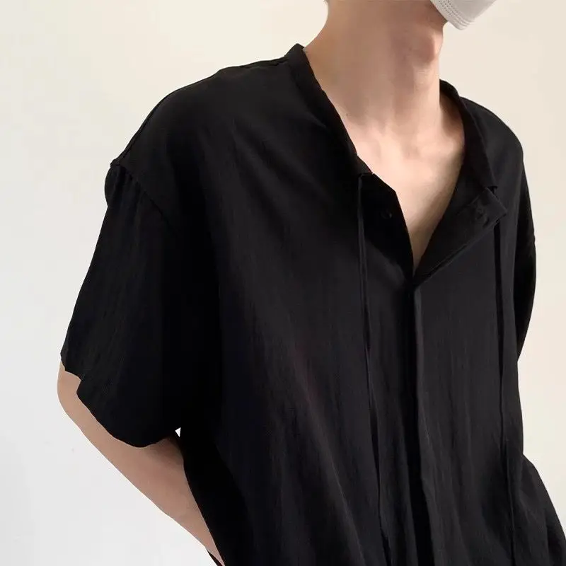 용수철 빈티지 루즈 솔리드 로파 옴브레 남성용 의류, 올 매치 드로스트링 풀오버, 내셔널 스타일 티셔츠, 여름 신상 패션