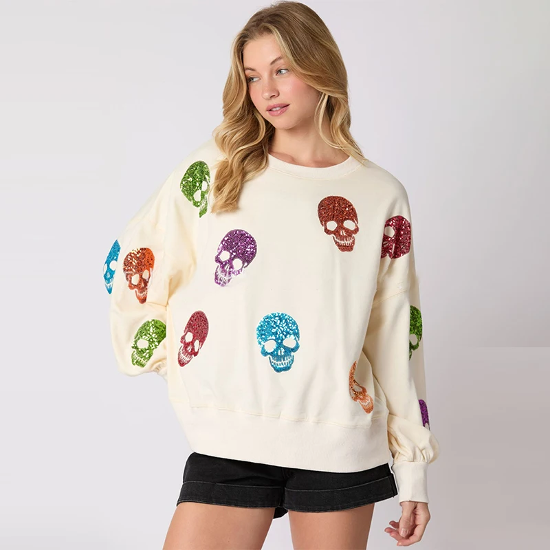 Bobo Halloween Skulls Sequins Sweatshirts Women New Loose Casual Long Sleeve O-neck Hoodies Femme Vintage Chic Y2K Pullover Tops