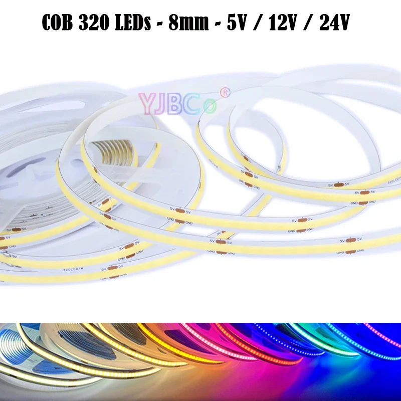 

5V 12V 24V 320LEDs/m 5M single color Flexible COB Light Tape White/Warm white/Natural White/Blue/Red/Green COB LED Strip 8mm PCB