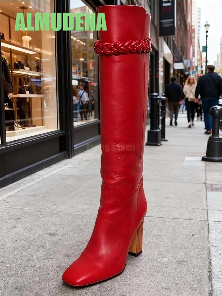 

Thick Heel Knee Boots Fashionable Style Women's Monochrome Fried Dough Twists Braid Decoration Design Simple Style Boots