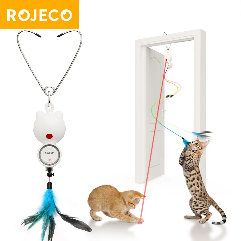 ROJECO Retractable Hanging Feather Cat Stick Toys Automatic Cats Laser Toys Interactive Kitten Self-hey Fun Toy Pet Accessories