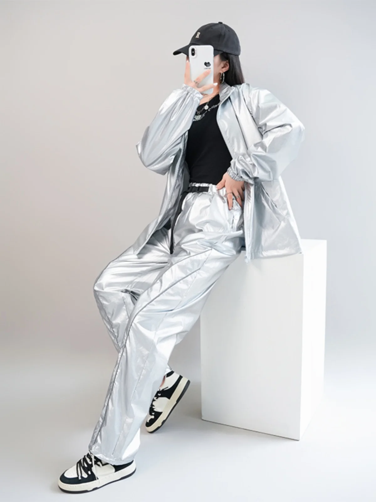 

Punk Hiphop Trendy Brand American Street Motorcycle Jaet Outerwear Women's Jazz Dance Stage Silver Jaet Men