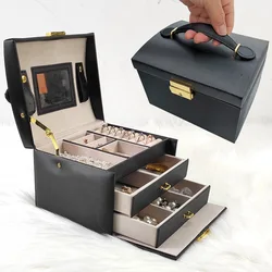 Portable Three-Tier Jewelry Box Wooden Storage Organizer for Earrings Necklaces Rings with Lock Cross-Border