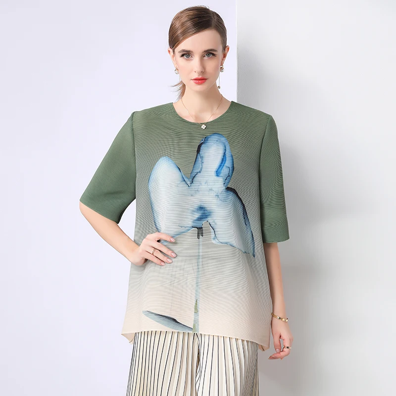 

Miyake Age Reducing Top Women's Mid Sleeves Spring Summer Pleated Chinese Ink Print Temperament Mother's T-shirt Loose Slimming