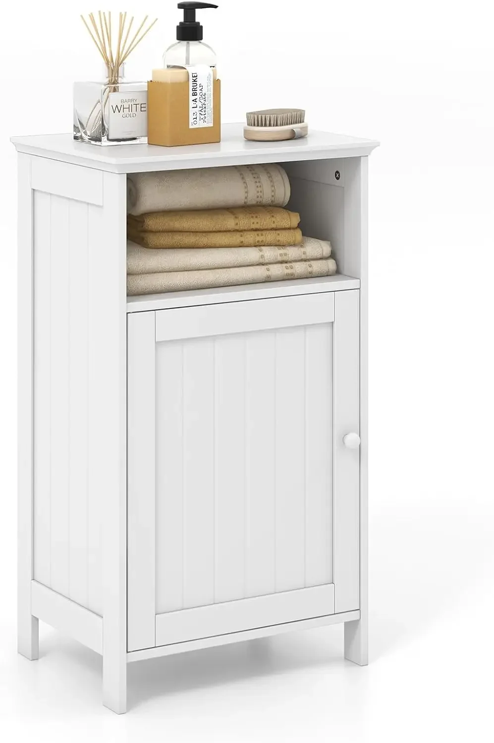 Bathroom Storage Cabinet, Freestanding Wood Single Door Side Floor Cabinet with Adjustable Shelf, Small Bathroom