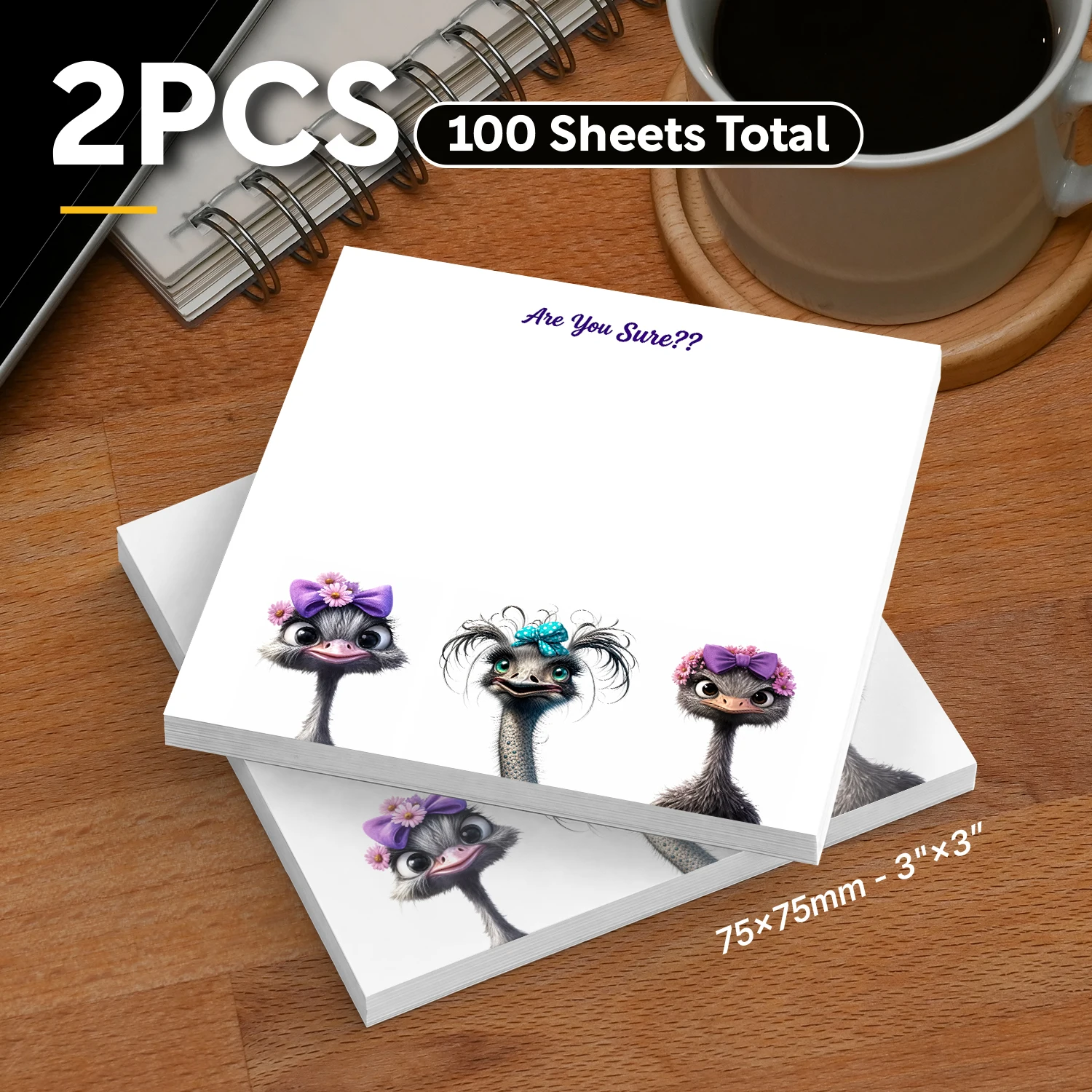 2pcs Funny Ostrich Meme Sticky Notes Set, Cute Flower Crown Bird Reaction Self Stick Memo Pads, 100 Sheets Total, Kawaii Animal