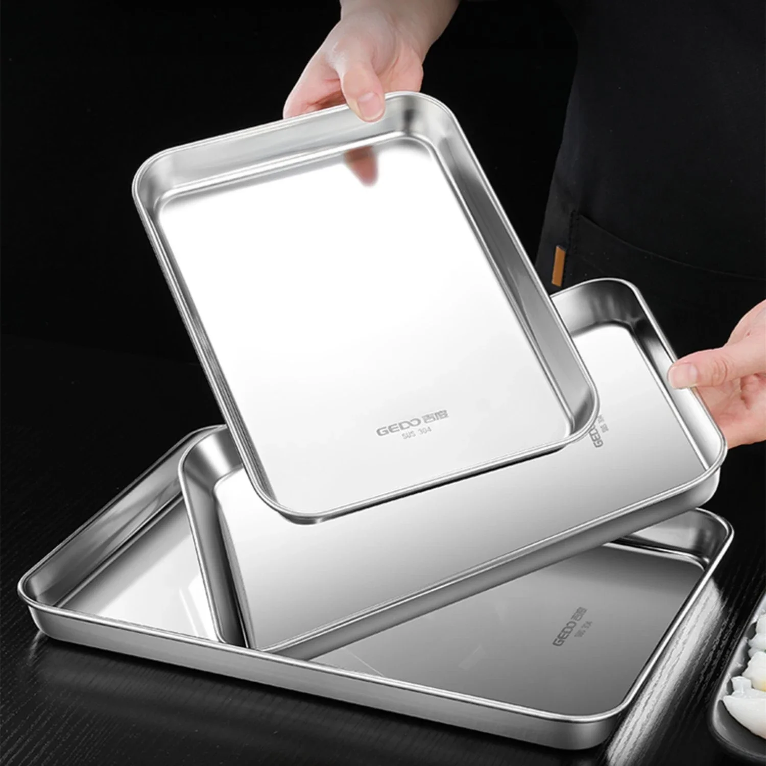LFGB Certification 304 Stainless Steel Rectangle Plate Never Deform Baking Tray Main Course Seafood Food Container for Kitchen