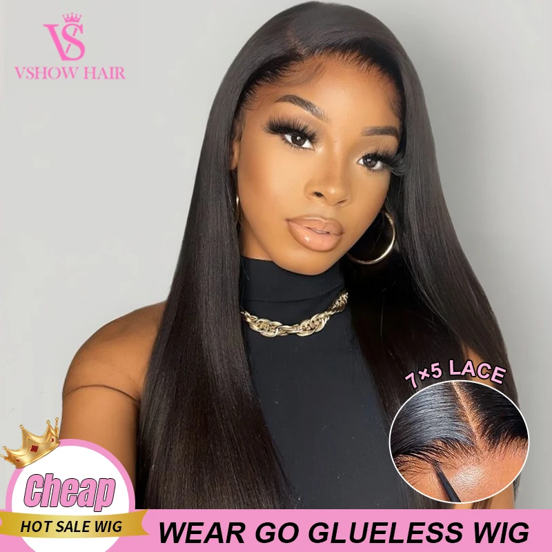 

VSHOW 7x5 Wear And Go Glueless Straight Human Hair Wig HD Transparent Pre Cut Pre Plucked Lace Wig 180 Density