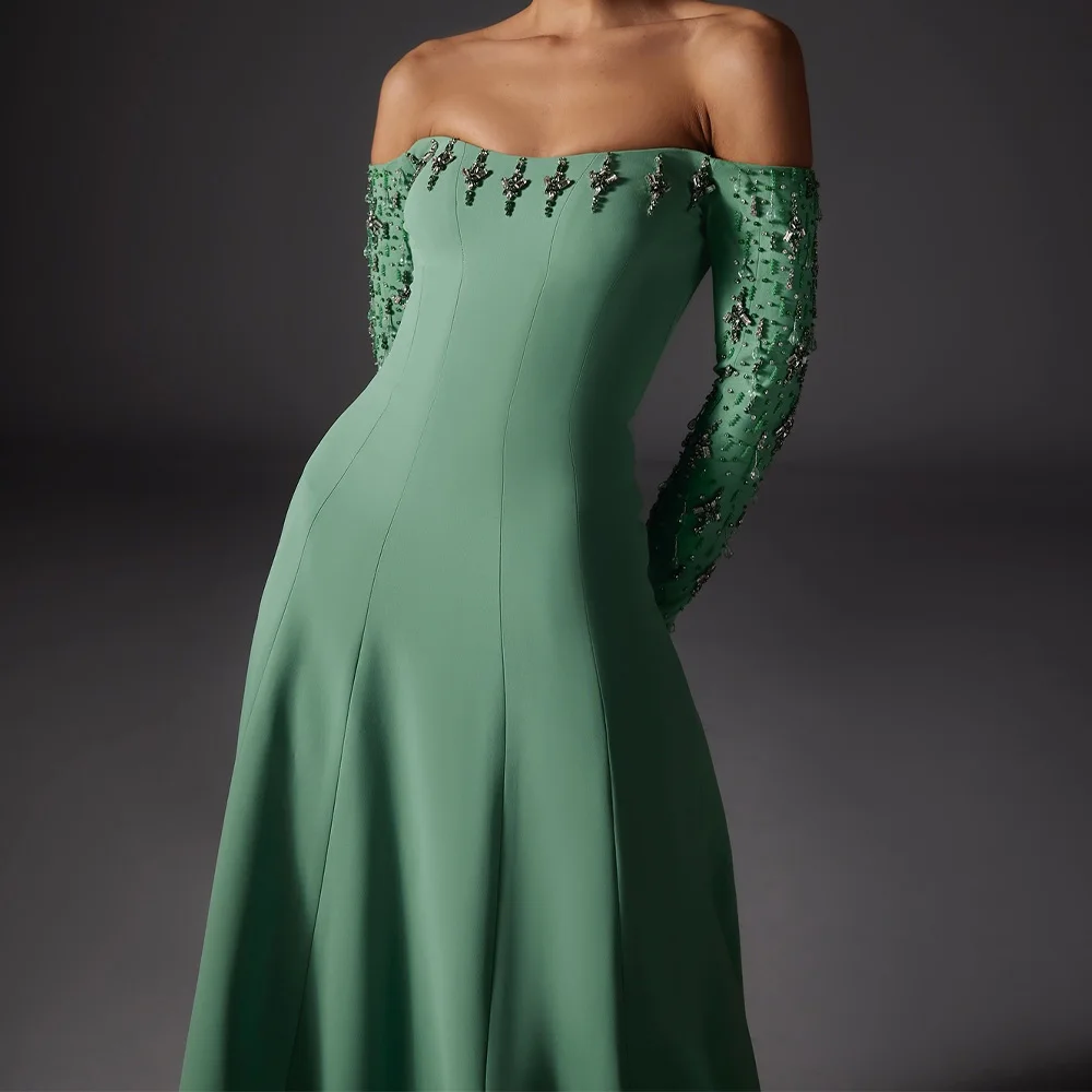 A-Line Strapless Off the Shoulder Long Sleeves Beading Zipper Back Jersey Floor Length Solid Color Elegant Evening Party Dresses