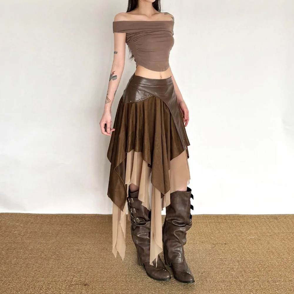 SylCue PU Leather Patchwork Long Skirts Woman Summer Trend Elastic Waist Mesh Irregular Hem High Street Fashion Style Bottoms