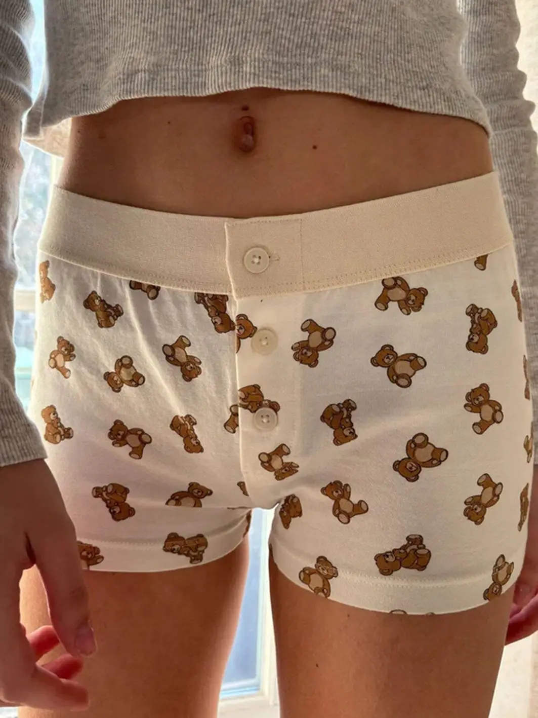 Little Bears Print Straight Shorts Women Buttons Patchwork Elastic Waist Casual Short Pants Summer Cute Cotton Home Underwear