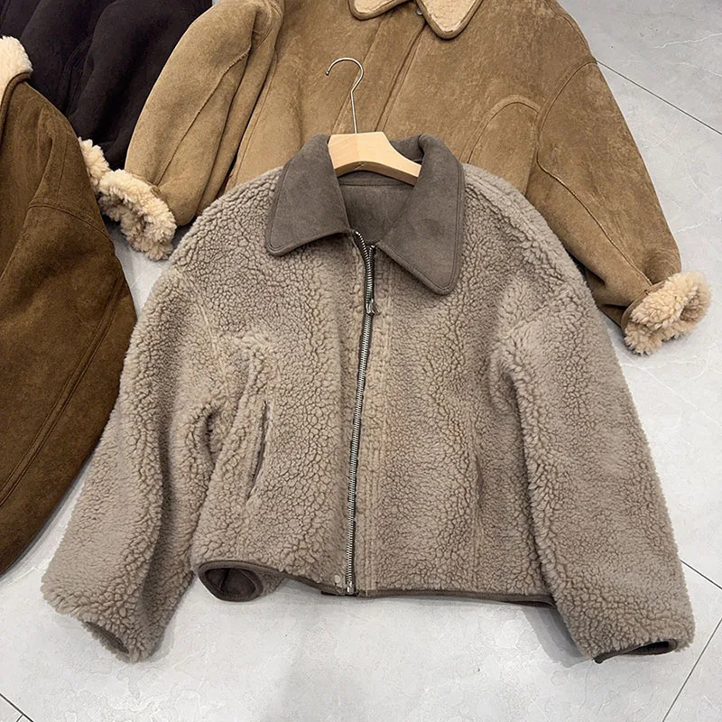 Chaqueta de piel de estilo coreano para mujer, abrigo corto informal holgado y cálido de gamuza de lana de cordero para invierno, abrigo Echtpelz de ambos lados