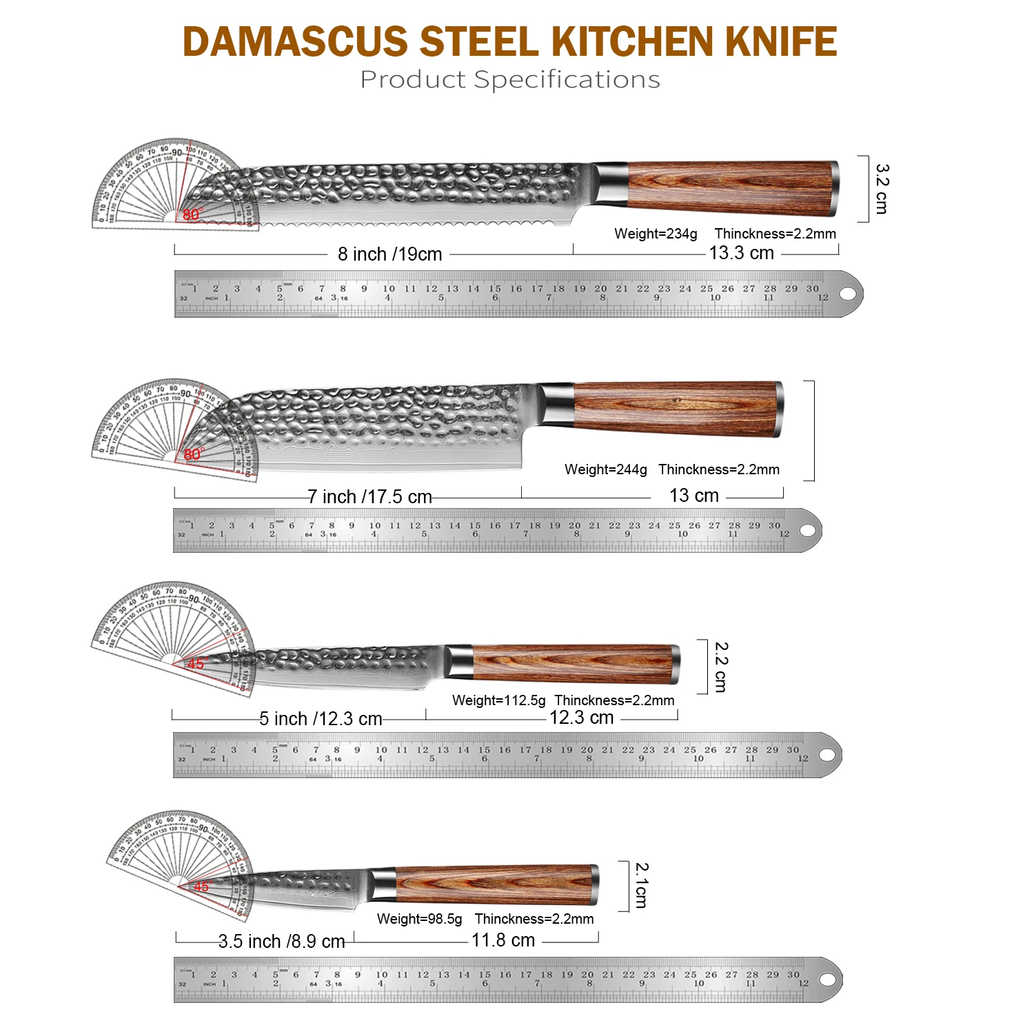 XITUO Chef Knives 1-4PCS Set, Damascus Steel Sharp Hammered Forged Kitchen Knives for Santoku,Bread,Fruit Knife, Gold Wood handl