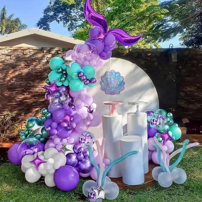 118Pcs A set of mermaid themed balloon arch set, mermaid tail silver star foil balloon birthday wedding party decoration