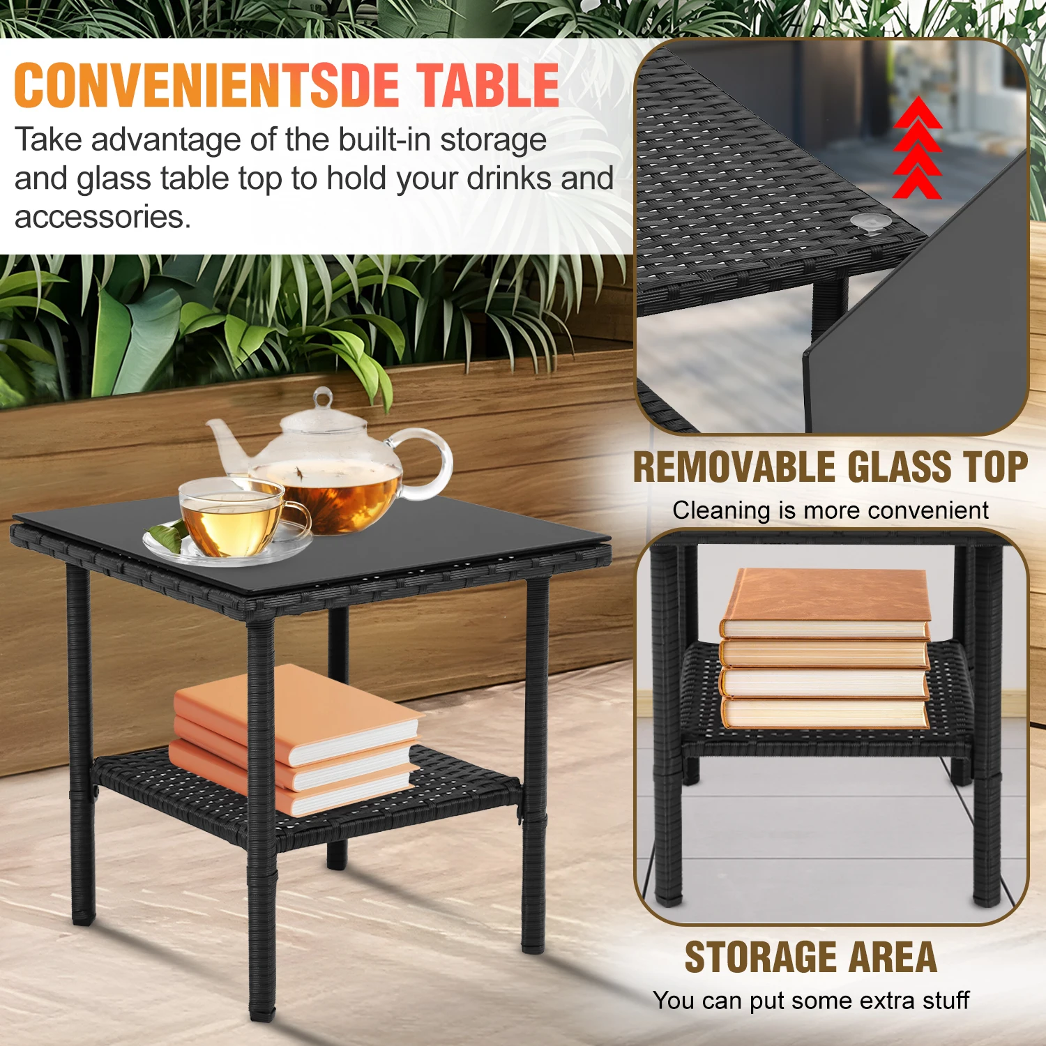 Set Furnitur Teras 3 Buah, Kursi Rotan Modern dengan Meja Kopi, Tahan Cuaca untuk Beranda, Taman, Halaman