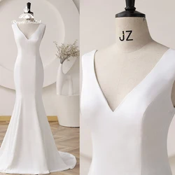 Simple Satin V Neck Wedding Dresses For Women Bride Tank Button Bridal Gowns Pleated Formal Occasion Dress Vestidos De Novia