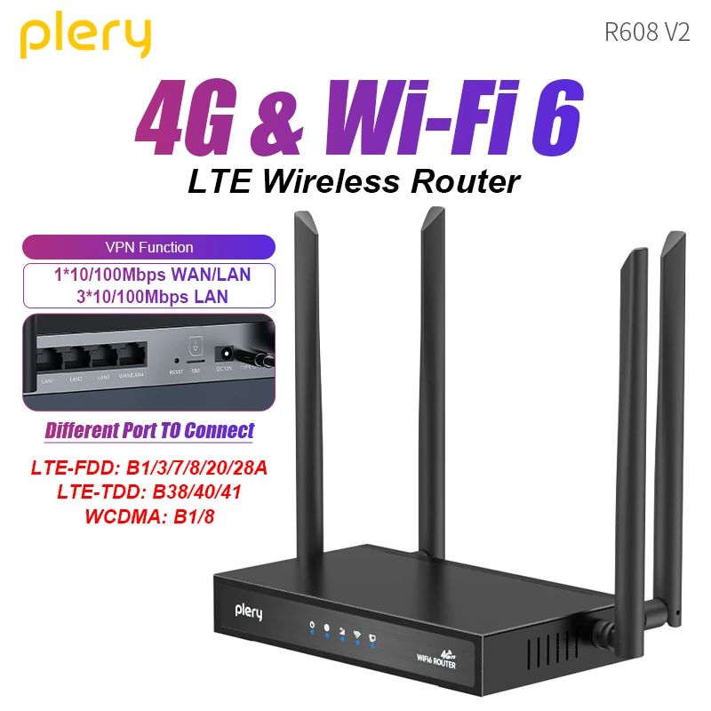 Plery WiFi6 4G LTE WiFi Router Support 4G SIM Card WiFi Modem 300Mbps Antenna Booster Signal WiFi Router for Home Office