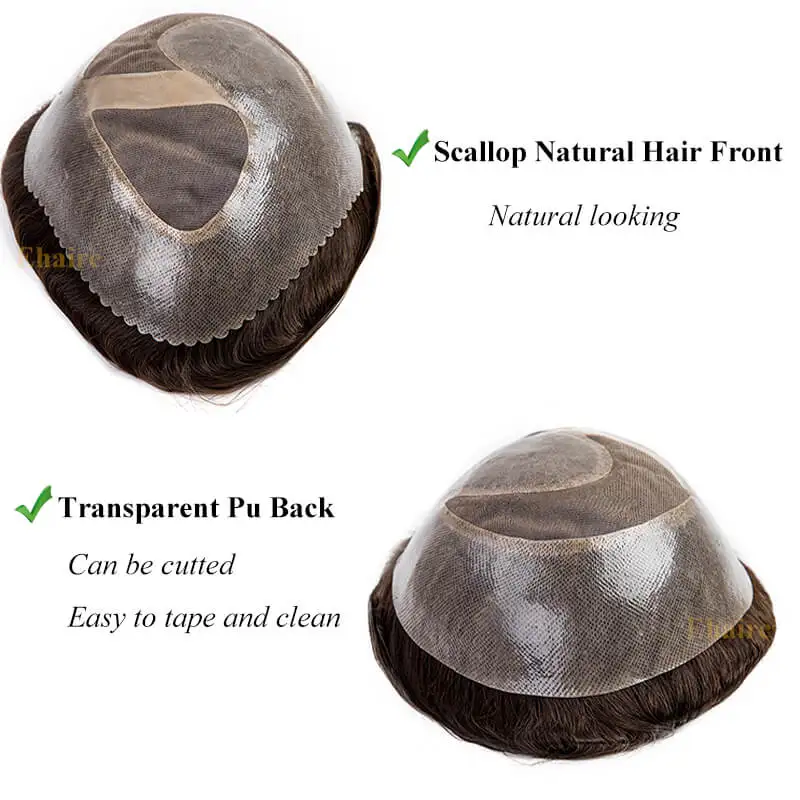Men Wig Male Hair Prosthesis Mono with Scallop Front 6