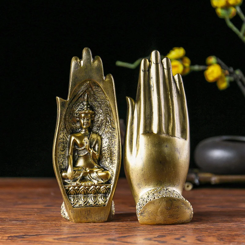 Retro Art Zen Buddhist Hand Chinese Palm Buddha Statue, Resin Home Decoration for Living Room