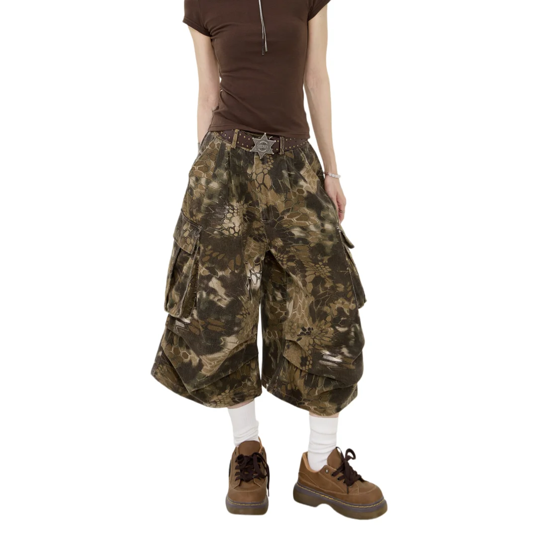 Unsiex Short Jeans 2026 Summer Retro Snakeskin Camo Cargo Pants For Men And Women High Street Wide Leg Capri Pants Casual Shorts