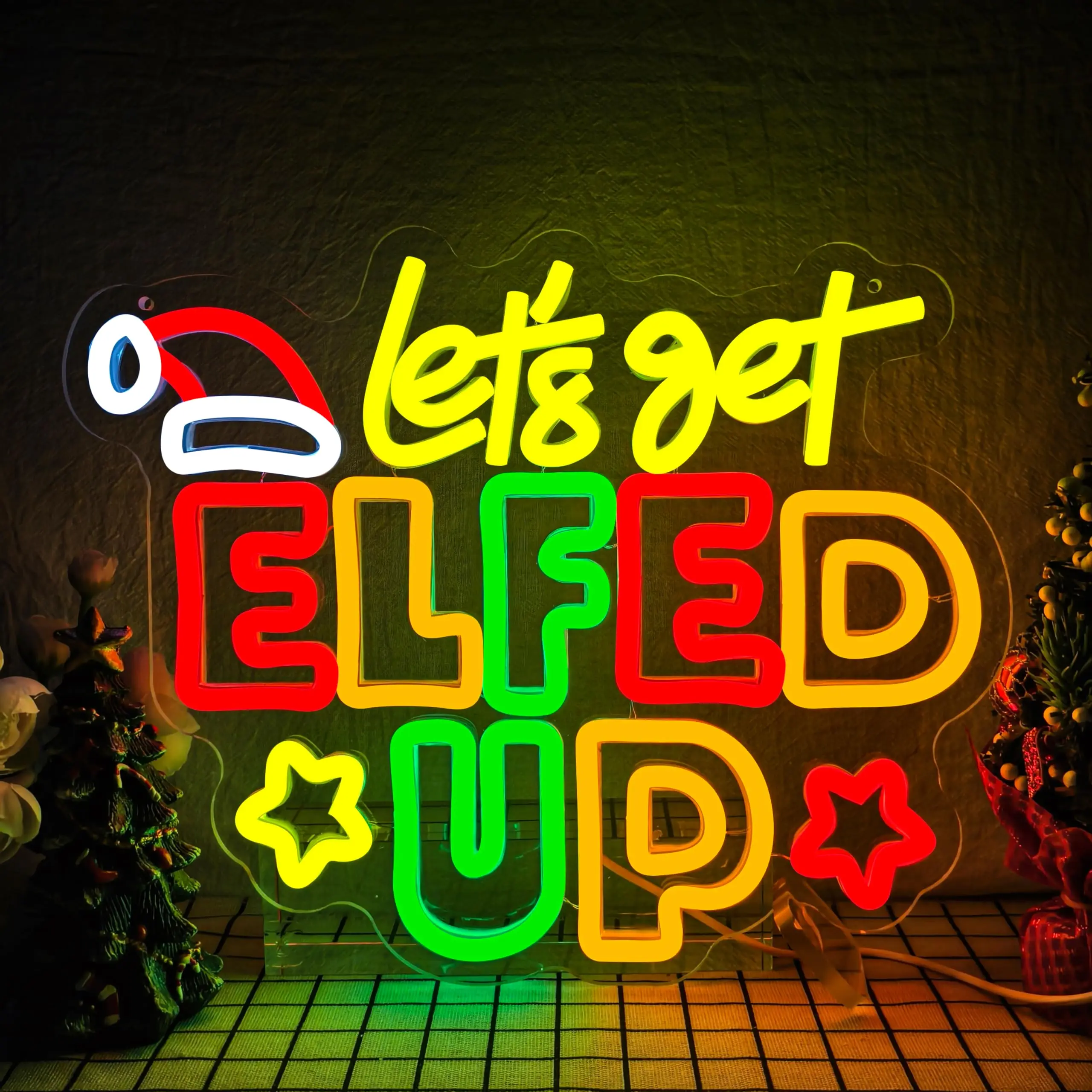 Неоновая вывеска Let's Get Elf UP, красочная вывеска с регулируемой яркостью, светящаяся вывеска, настенный декор для рождественской вечеринки, окна, детский подарок