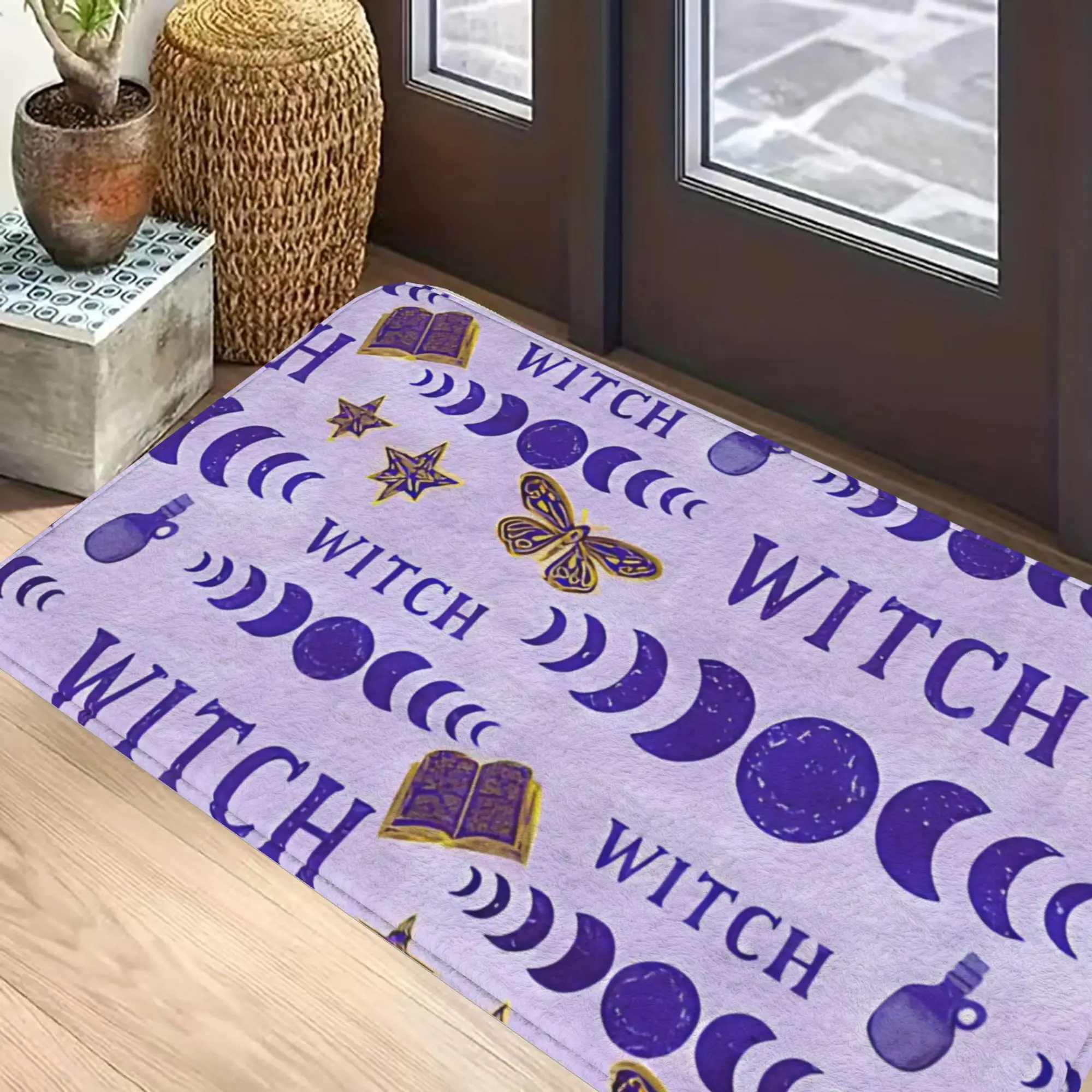 Purple Moon Phase Print Doormat with Stars Books Butterflies Printed Polyester Machine Washable Entrance Floor Mat 80x50cm