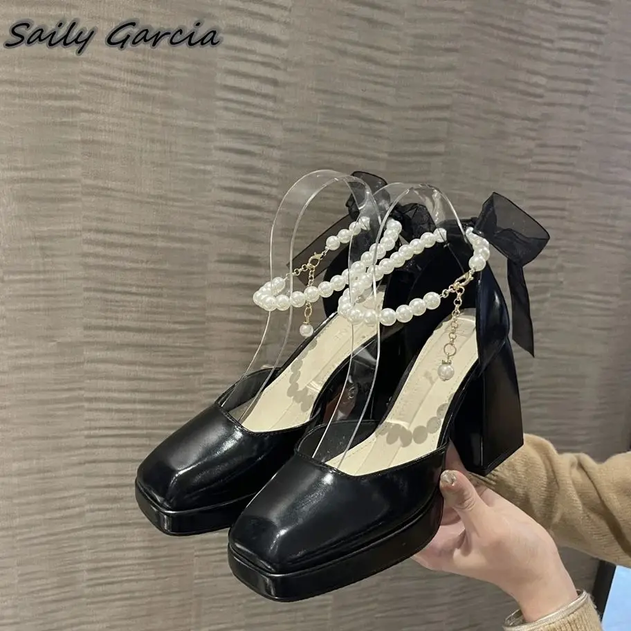 

Solid Glossy Pearls Chain Buckle Strap Sexy Pumps 2024 Mary Jane Chunky Heel Casual Shoes Square Toe Platform Large Size Shoes