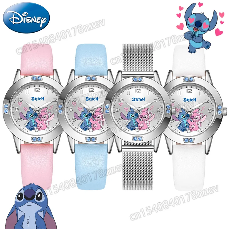 

2024 Disney Stitch Quartz Watch Women Cartoon Cute Diamond Quartz Watch Fashion Steel Belt Watches for Student Kids Toys Gift