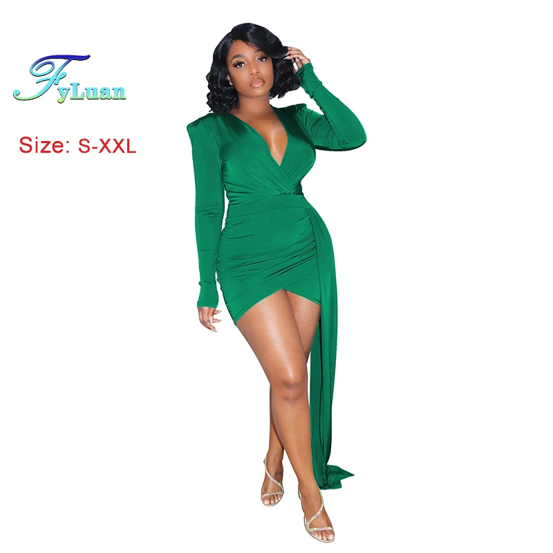 2025 Summer Elegant Women's Dress Deep V Neck Long Sleeve Wedding Party Prom Dress Fashion Fluorescent ColorLadies  Mini Dresse