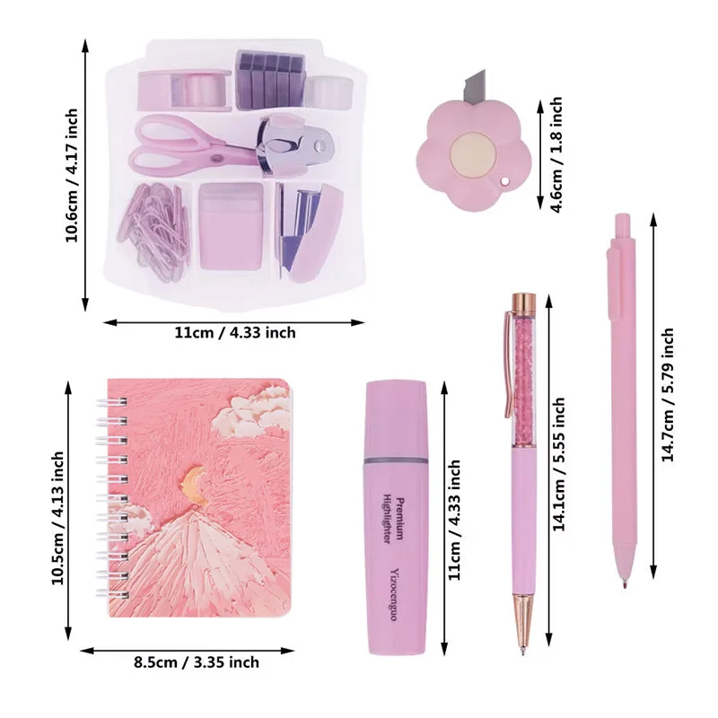 Mini office kit includes stapler, tape dispenser stapler, paper clips, scissors, staples, pens, notebook small retractable knife
