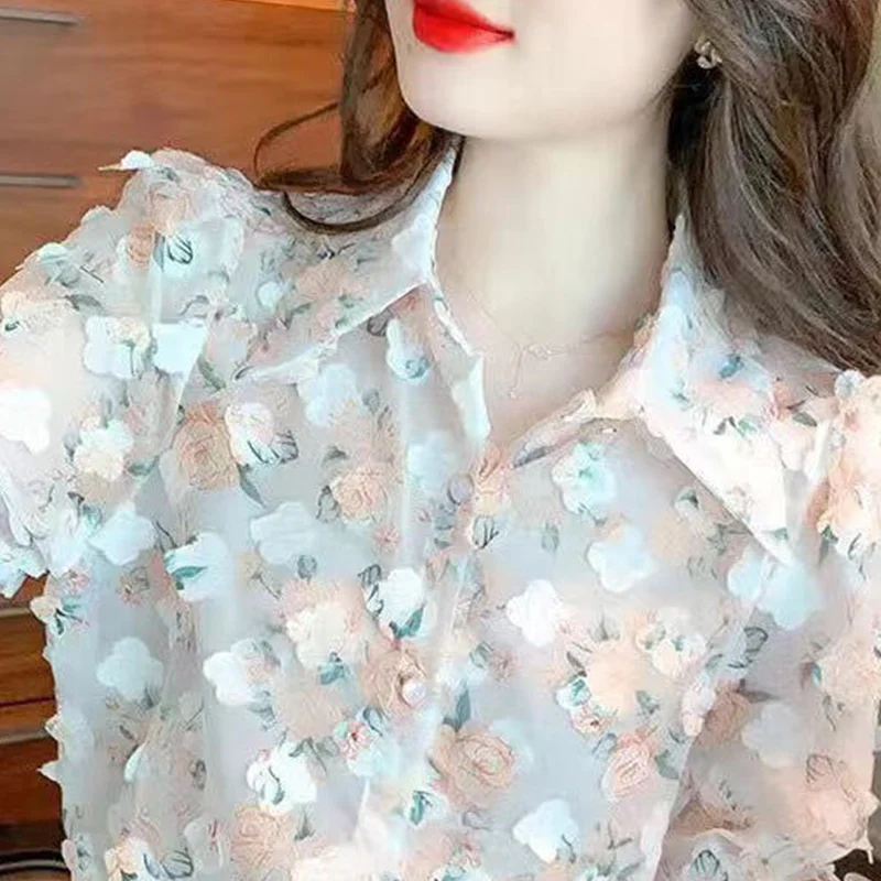 Spring Fashion Floral Turn-down Collar Long Sleeve Blouse Women Clothes Temperament Printing Perspective Shirts Femme Sweet Tops